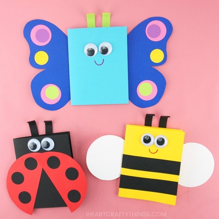 butterfly, ladybug and bee spring cards for kids to make on a pink background
